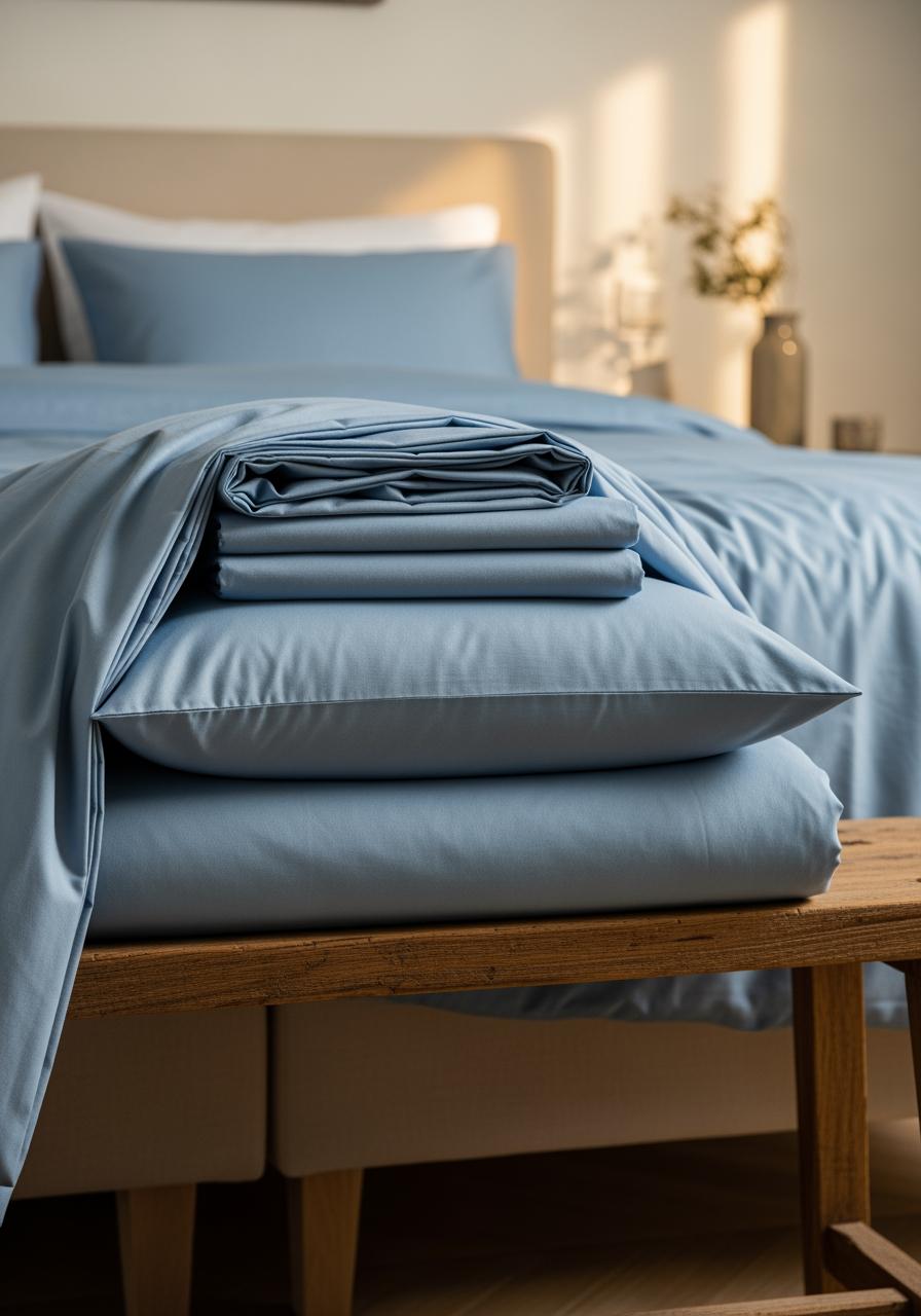Pile de linge de lit portugais fraîchement lavé et plié, posée sur un banc en bois dans une chambre à coucher.