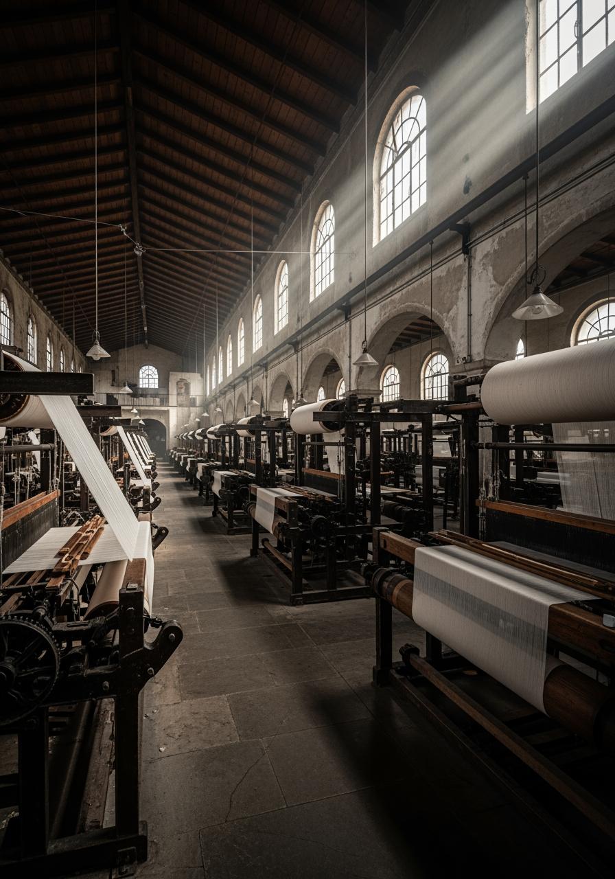 Rangées de métiers à tisser traditionnels dans un atelier textile portugais baigné de lumière, symbolisant le savoir-faire.