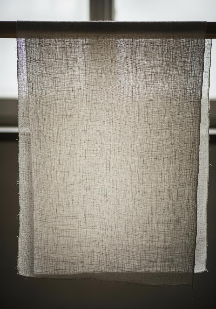 Une pièce de tissu en lin fin tenue devant une source de lumière, révélant la régularité et la qualité de son tissage.