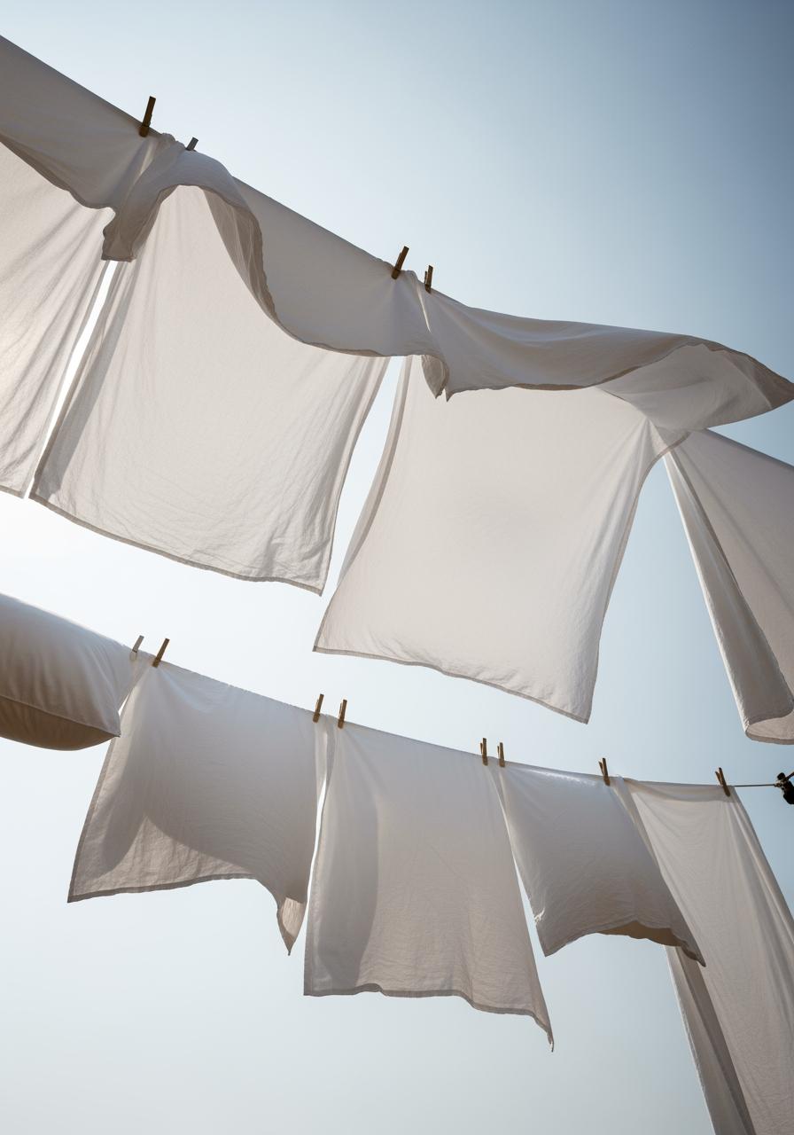 Des draps blancs et propres sèchent sur une corde à linge, flottant doucement dans la brise sous un ciel bleu clair.