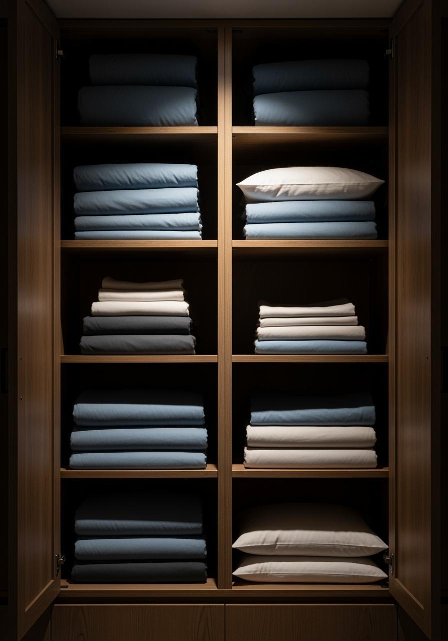 Un placard à linge en bois bien organisé avec des piles de draps et de housses de couette pliées symétriquement.