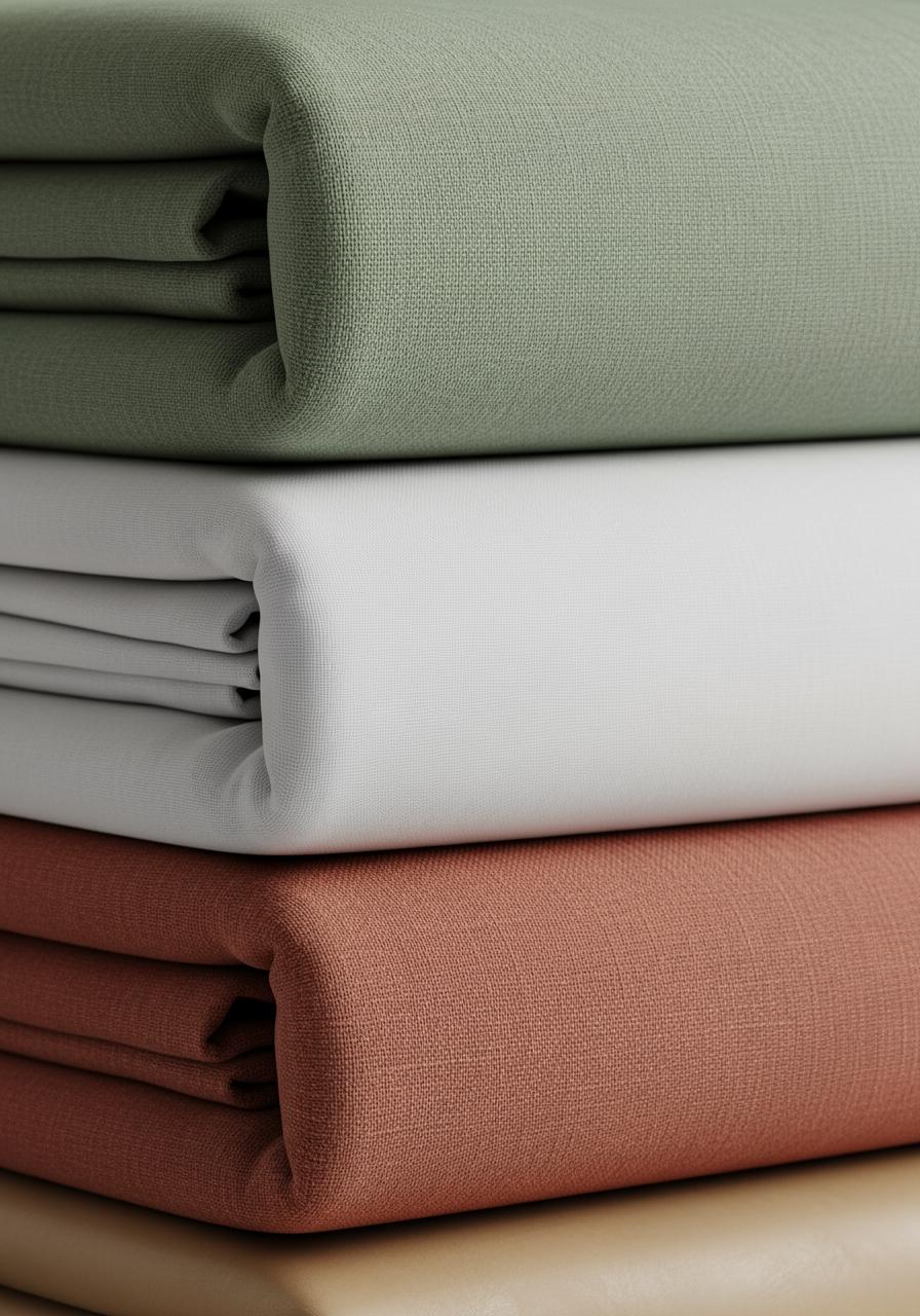 Une pile de linge de lit plié montrant différentes textures de tissus : lin mat, percale lisse et Tencel soyeux.