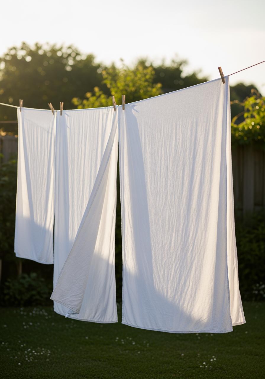 Draps en lin blanc séchant à l'air libre sur une corde à linge dans un jardin ensoleillé.