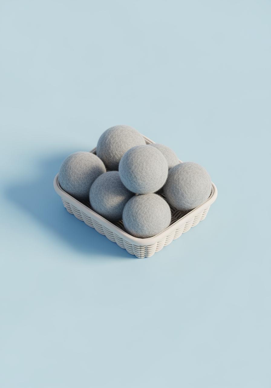 Illustration isométrique de boules de séchage en laine dans un panier, une alternative écologique à l'adoucissant.