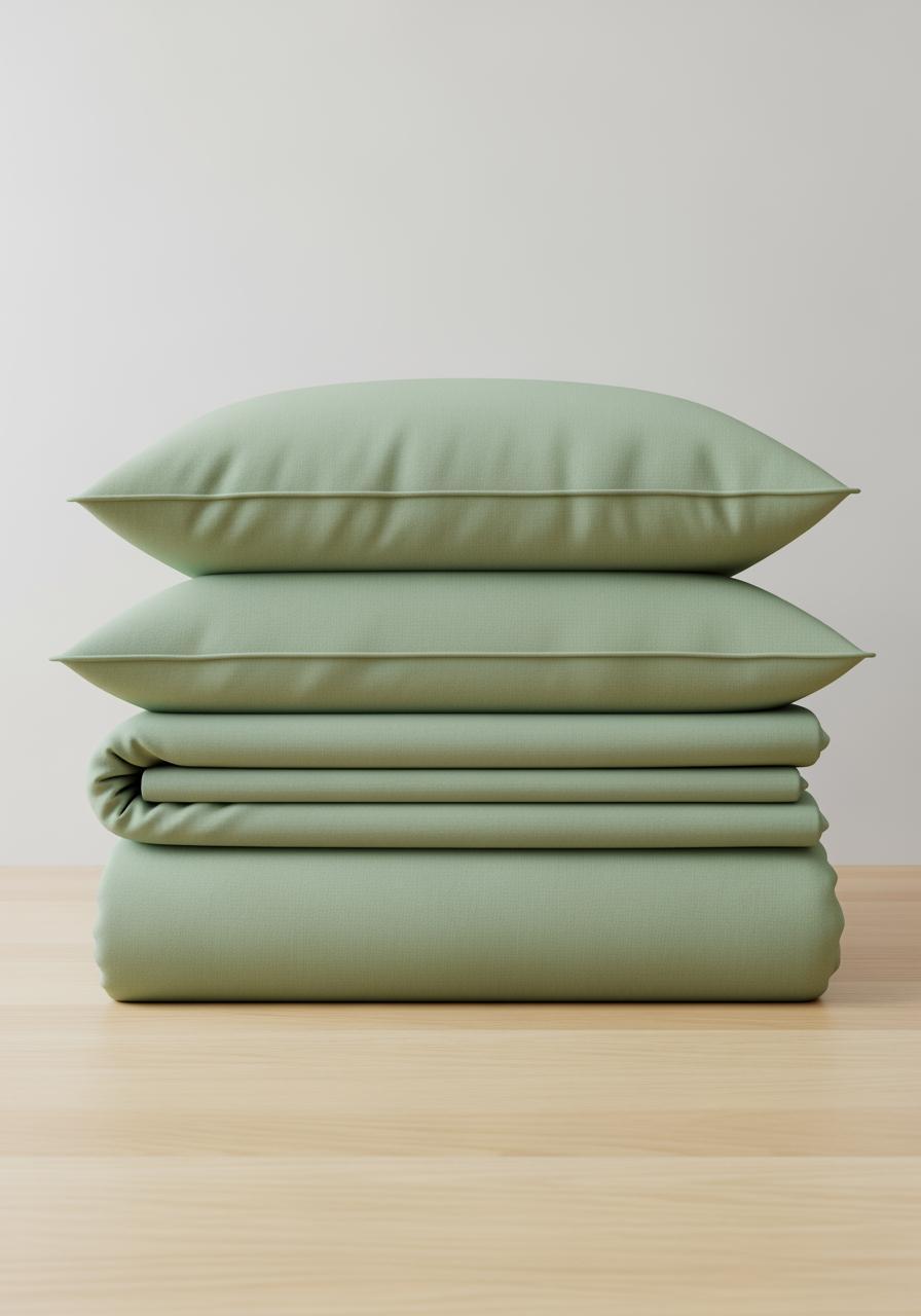 Une pile de linge de lit en lin lavé vert sauge, parfaitement pliée et douce, sur une surface en bois clair.