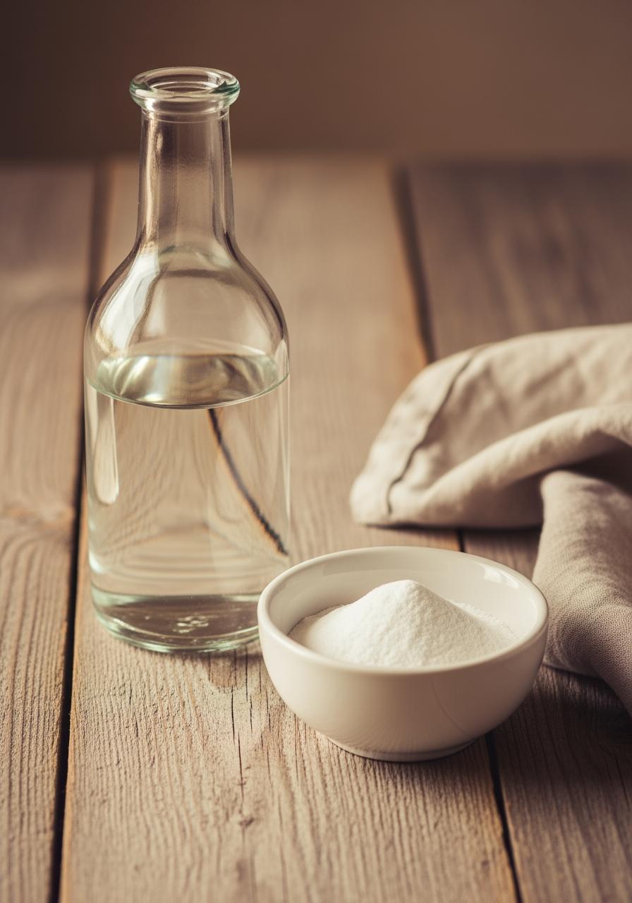Nature morte avec une bouteille de vinaigre blanc et un bol de bicarbonate de soude, solutions pour adoucir le lin.