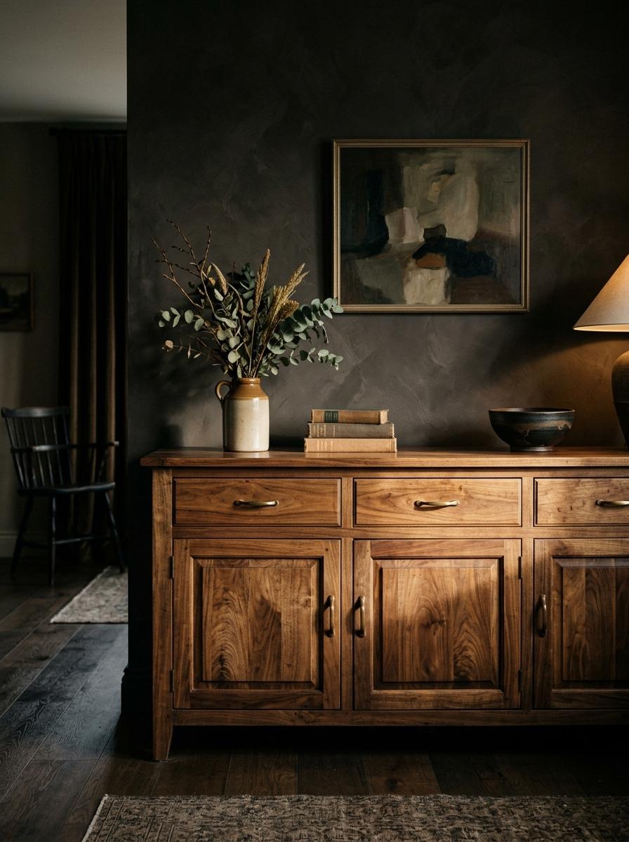 Un buffet en bois massif de qualité intégré dans un intérieur chaleureux et harmonieux, représentant un investissement réussi.