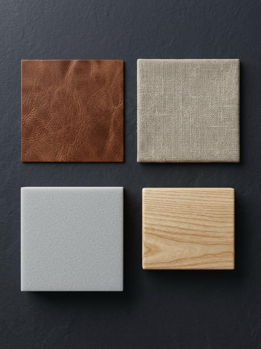 Vue de dessus d'échantillons de matériaux de haute qualité : cuir, lin, mousse haute densité et bois de frêne, pour évaluer un achat.