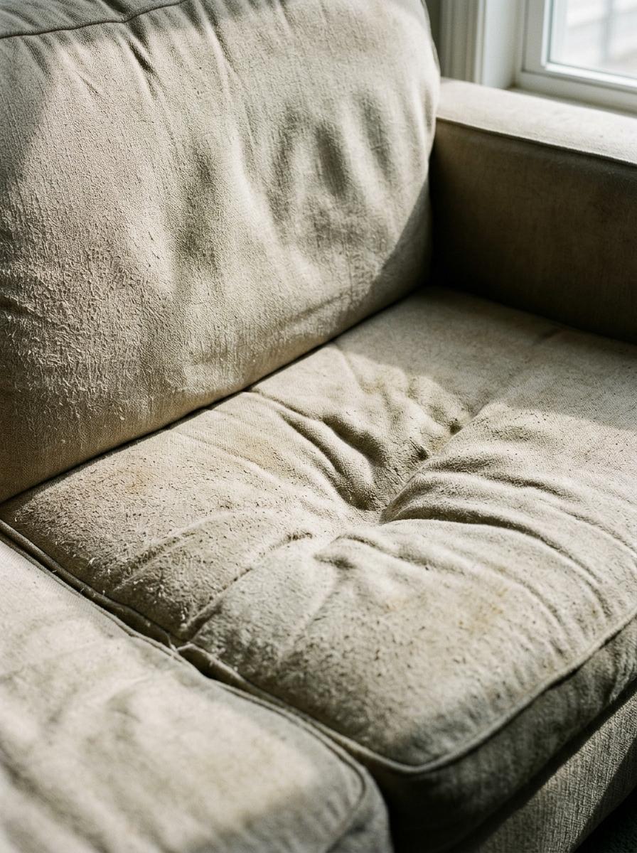 Gros plan sur un coussin de canapé affaissé et usé, illustrant la faible durabilité d'un meuble de mauvaise qualité.