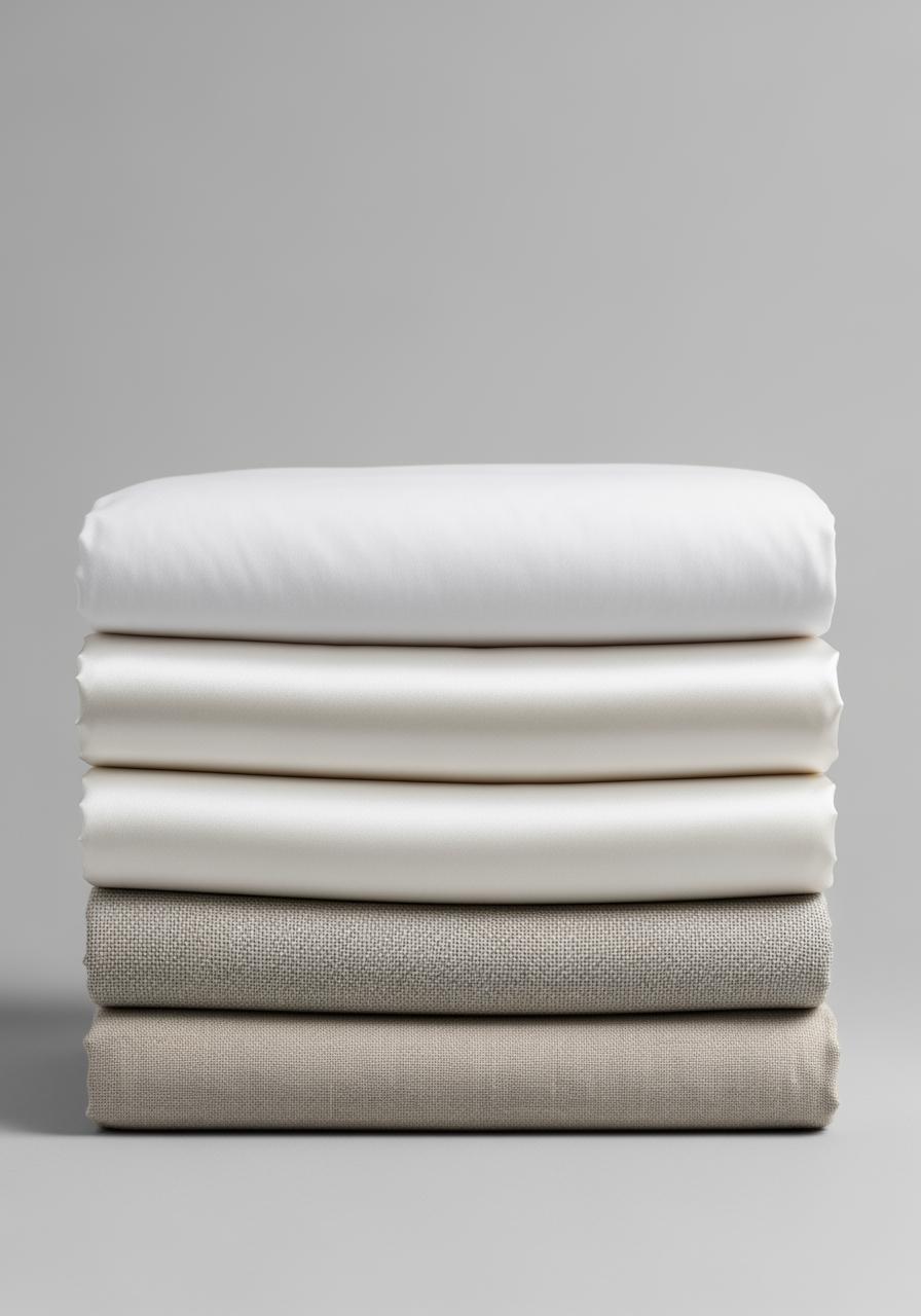 Une pile de différents tissus de literie de haute qualité, incluant de la percale, du satin de coton et du lin, sur un fond neutre.