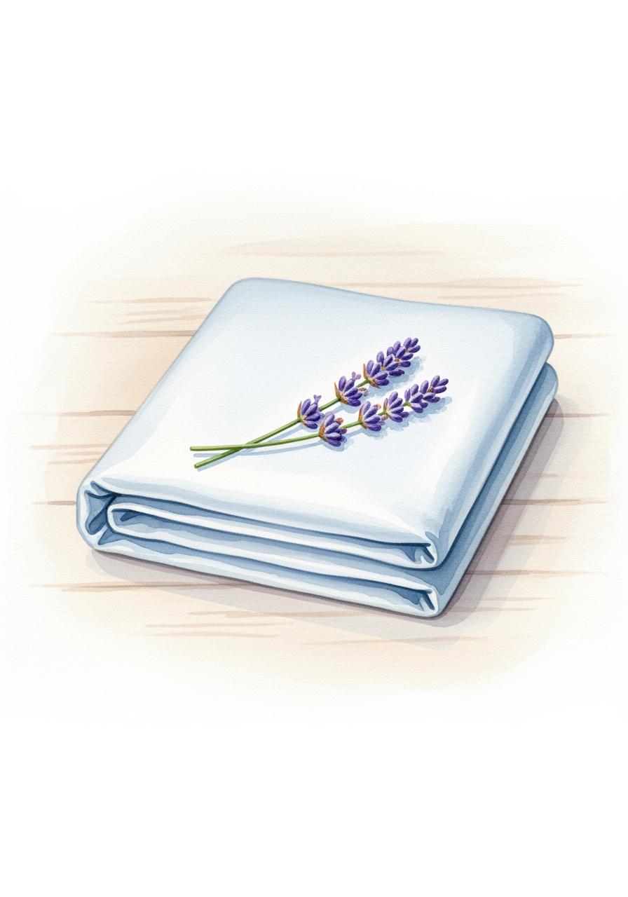 Illustration à l'aquarelle d'un drap bleu clair soigneusement plié avec un brin de lavande posé dessus, évoquant la douceur et la fraîcheur.