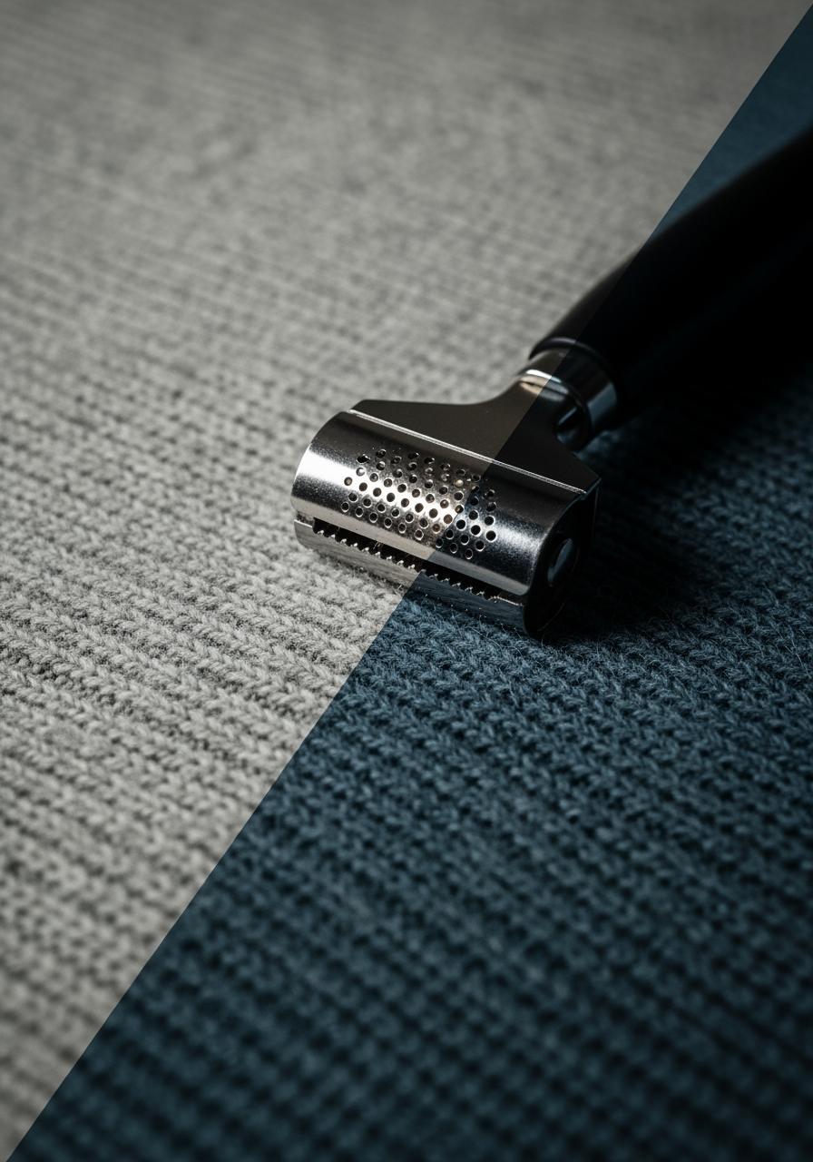 Un rasoir anti-bouloches posé sur un tissu, montrant une moitié du tissu avec des peluches et l'autre moitié parfaitement lisse.
