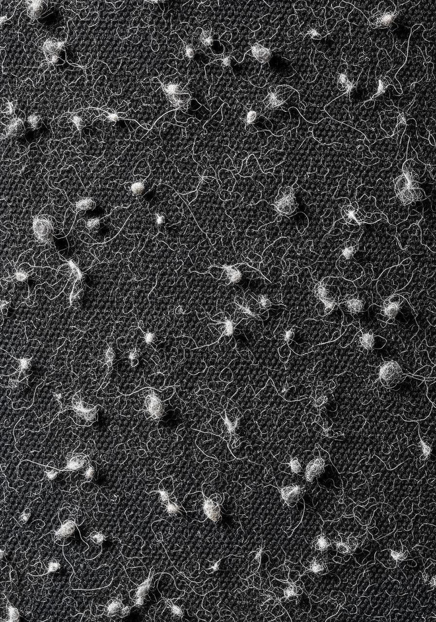 Une vue macro d'un tissu de couleur foncée couvert de nombreuses petites bouloches, montrant la texture rugueuse en détail.