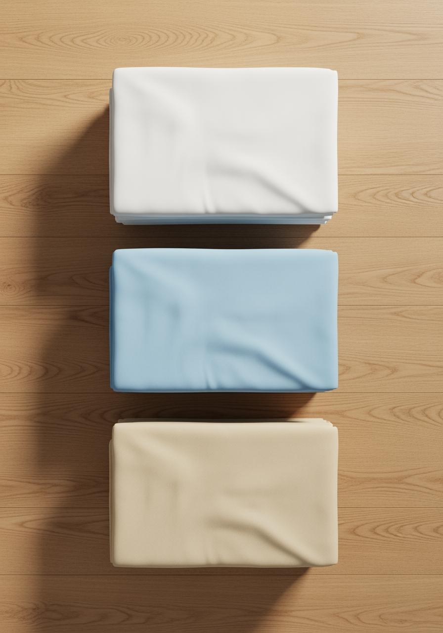 Vue de dessus de piles de draps d'été de différentes couleurs, pliés et rangés, représentant le choix.