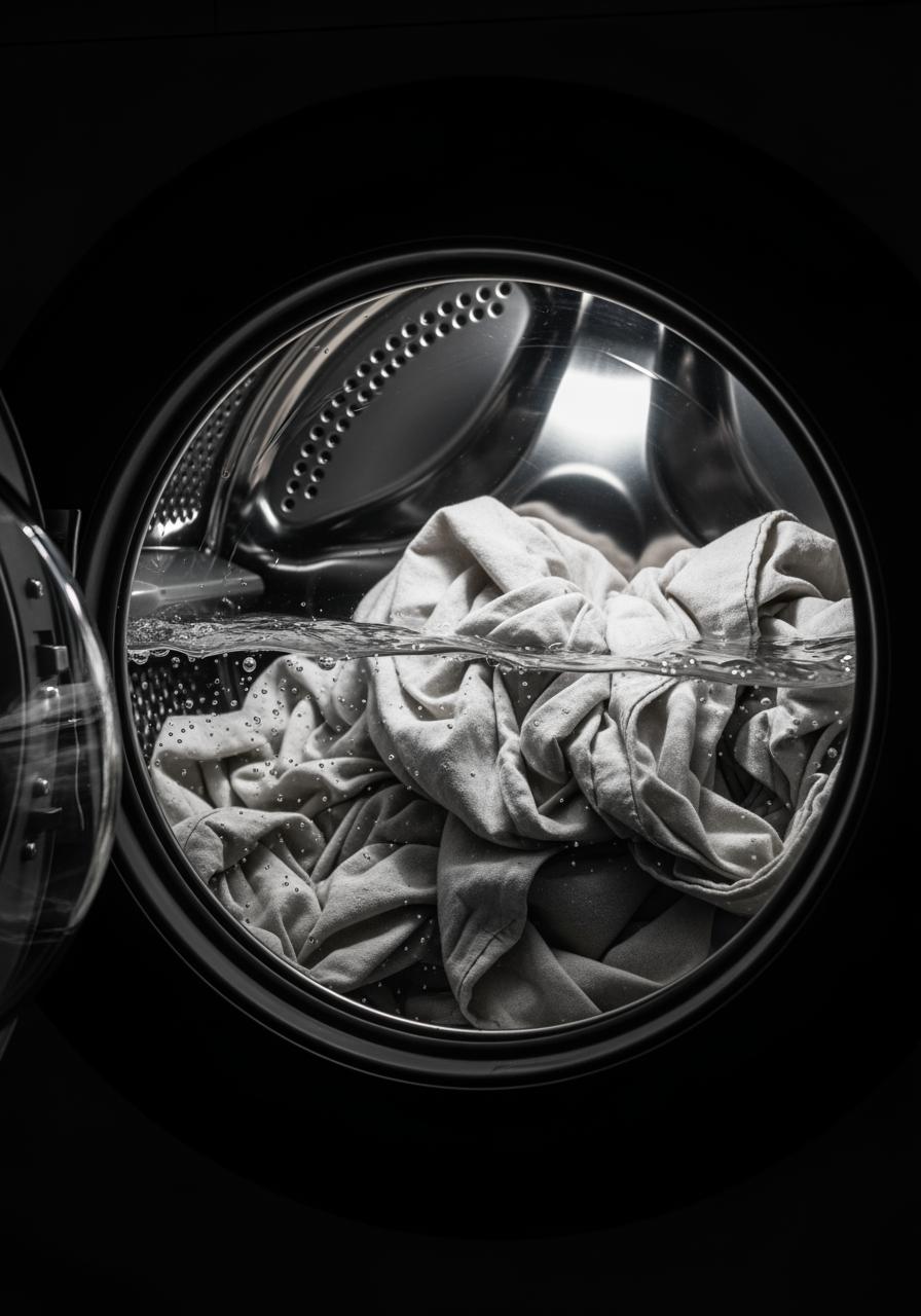 Gros plan sur des draps neufs en lin dans le tambour d'une machine à laver, symbolisant le premier lavage.