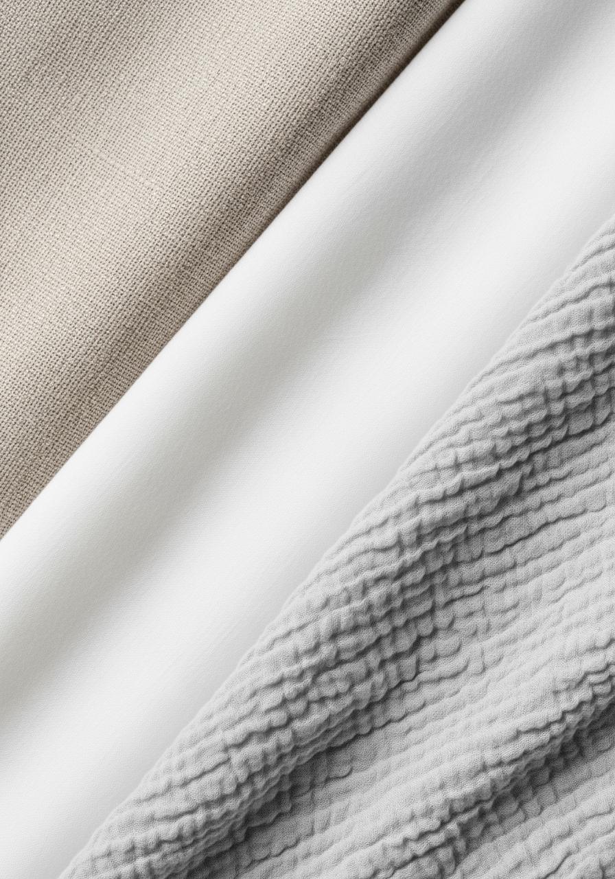 Macro de trois textures de tissu pour draps d'été : lin lavé, percale de coton et gaze de coton.