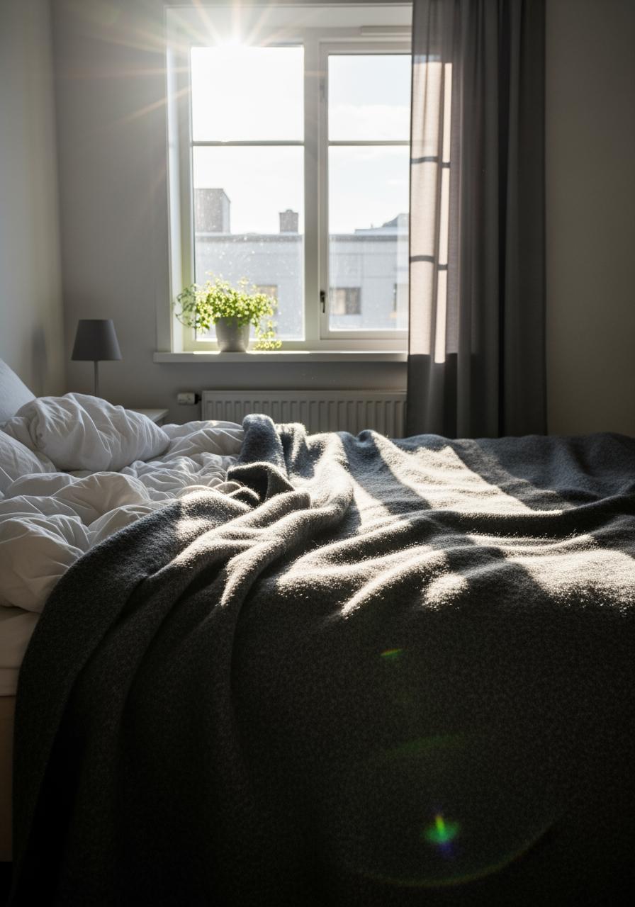 Un lit avec une couette d'hiver épaisse et foncée, illustrant une erreur de choix pour le linge de lit d'été.