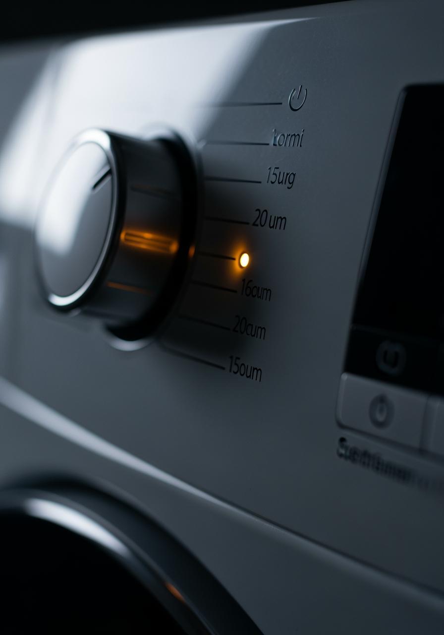 Gros plan sur le bouton de sélection d'une machine à laver moderne, sans chiffres visibles, pour symboliser le choix de la température.