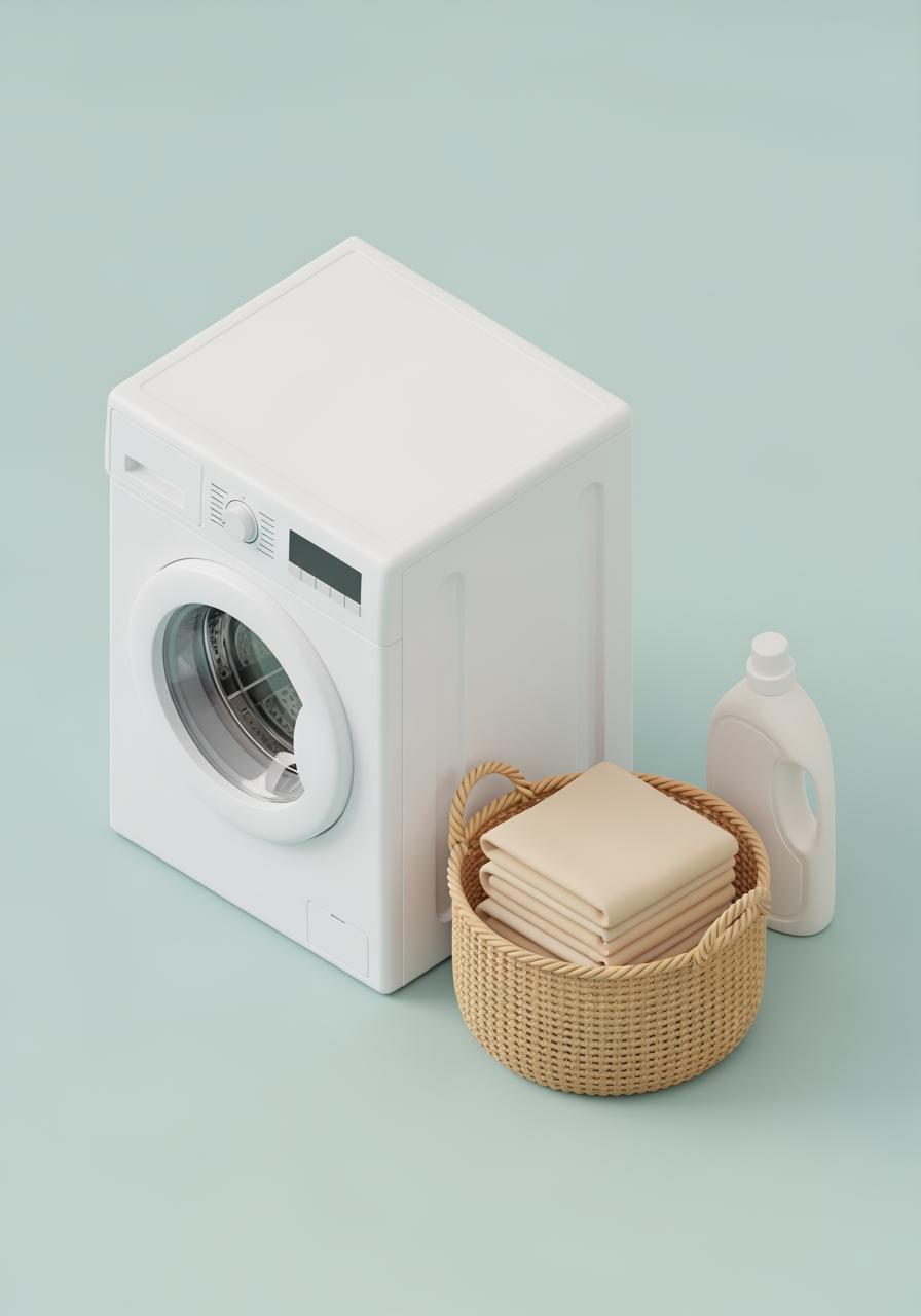 Illustration isométrique d'une buanderie organisée avec une machine à laver, un panier de linge et du détergent.