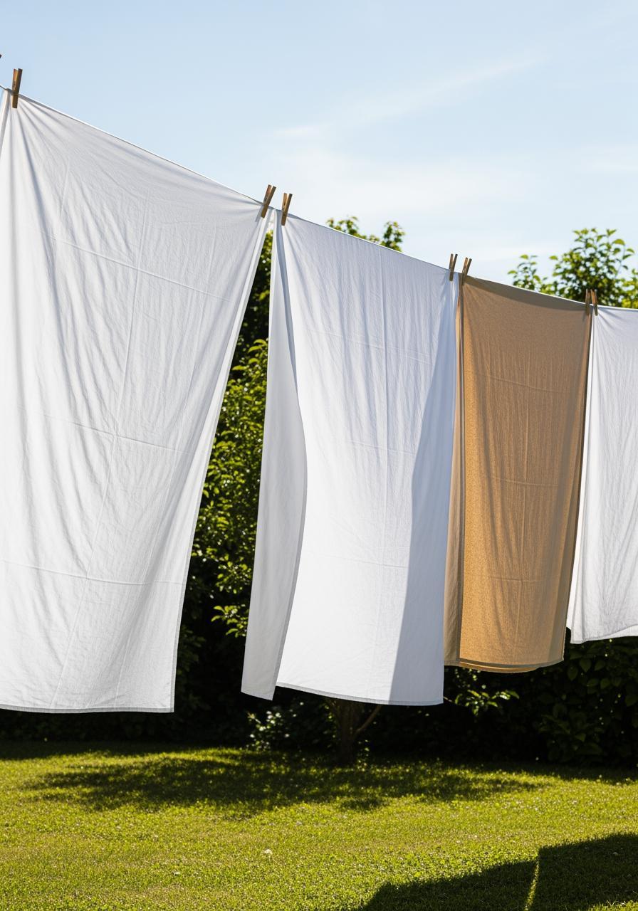 Draps en lin et coton séchant sur une corde à linge dans un jardin ensoleillé, représentant une méthode écologique.
