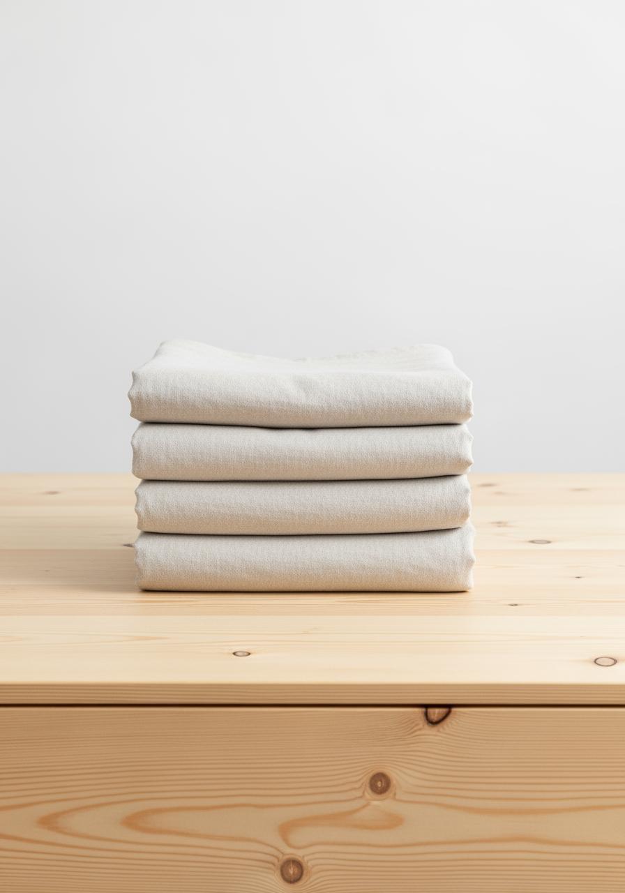 Une pile de draps en lin parfaitement pliée, posée de manière symétrique sur une surface en bois clair.