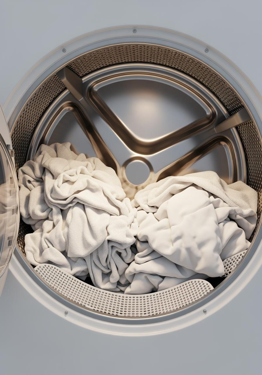 Vue intérieure d'un sèche-linge moderne avec du linge de lit en coton blanc, doux et moelleux.
