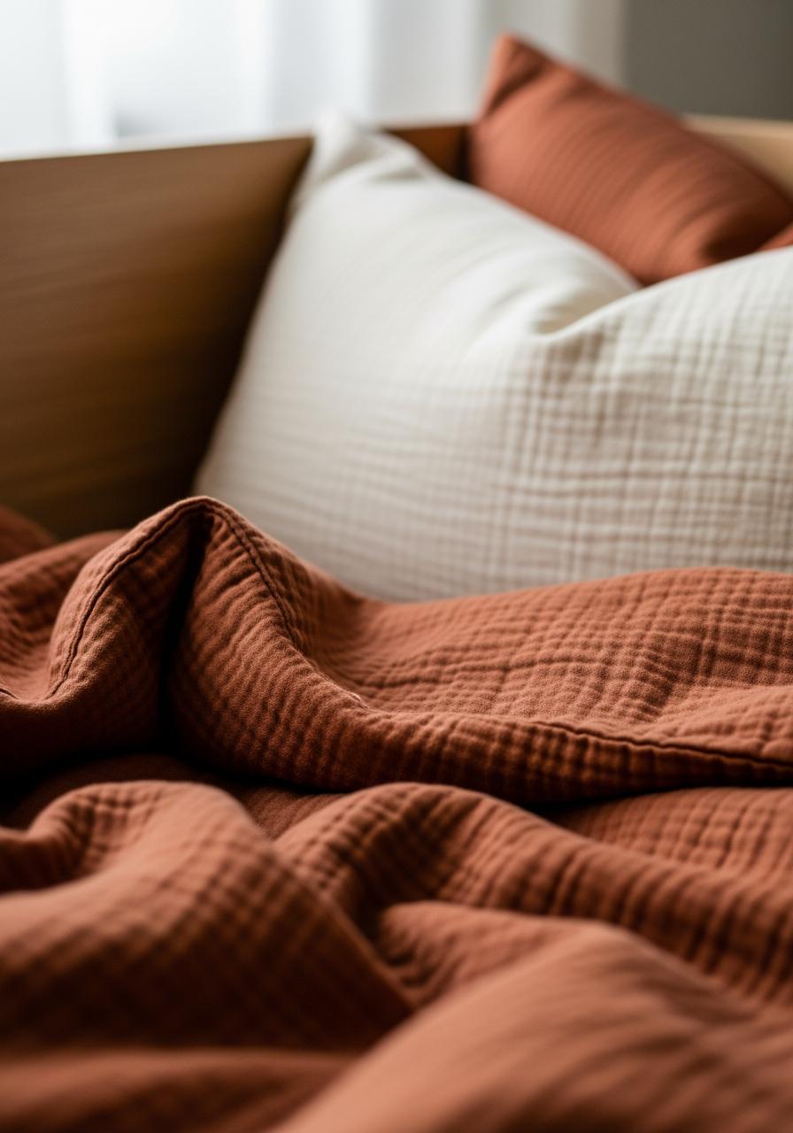 Gros plan sur le coin d'un lit d'enfant avec une parure de lit en coton bio couleur terracotta, évoquant le confort et un sommeil réparateur.