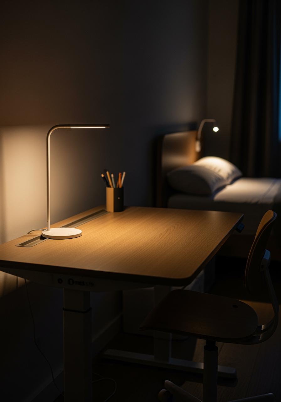 Un coin bureau pour enfant avec un bureau en bois moderne et une chaise ergonomique, éclairé par une lampe design, créant une ambiance propice à la concentration.