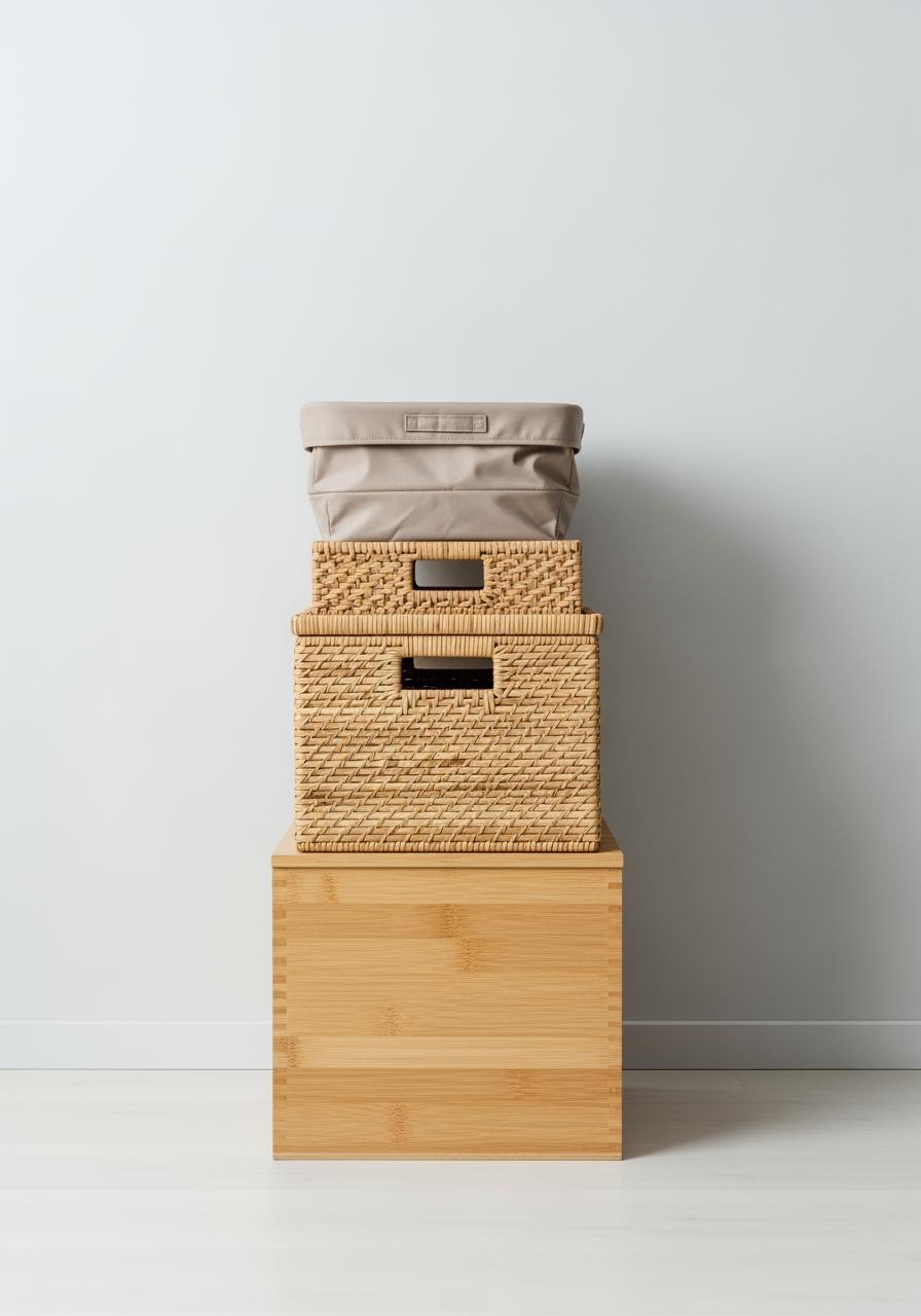 Une pile de trois bacs de rangement vides et élégants en bois, rotin et tissu, symbolisant le tri et l'organisation avant la rentrée.
