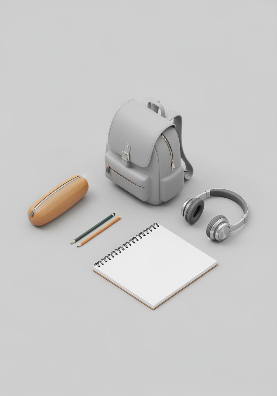 Vue de dessus d'une illustration d'articles de rentrée essentiels organisés de manière ordonnée : un sac à dos, une trousse et un cahier.