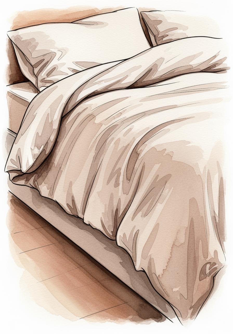 Illustration à l'aquarelle du coin d'un lit douillet, évoquant le confort et la satisfaction d'un bon choix de draps.