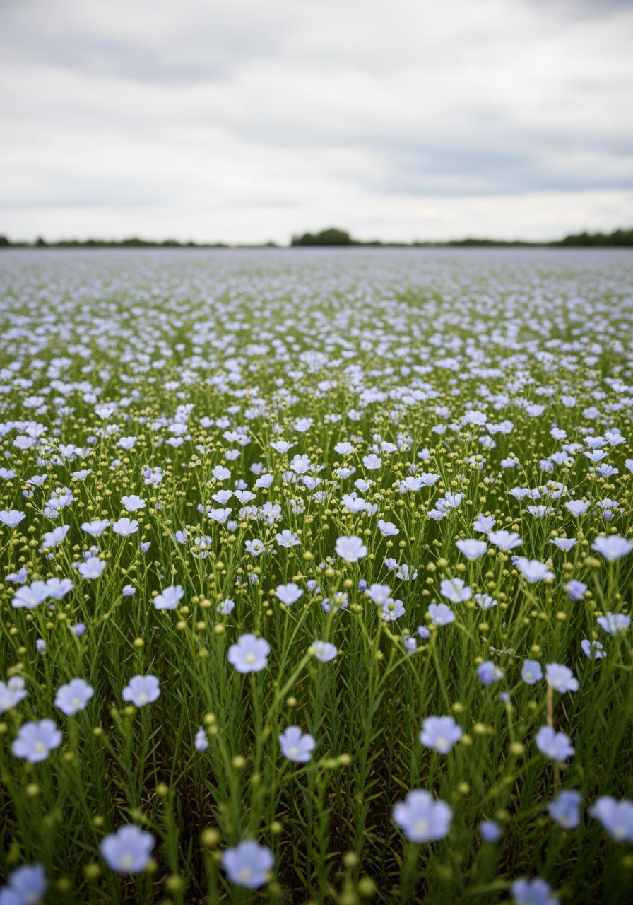 Un vaste champ de lin en fleurs, illustrant l'origine naturelle des draps écologiques.