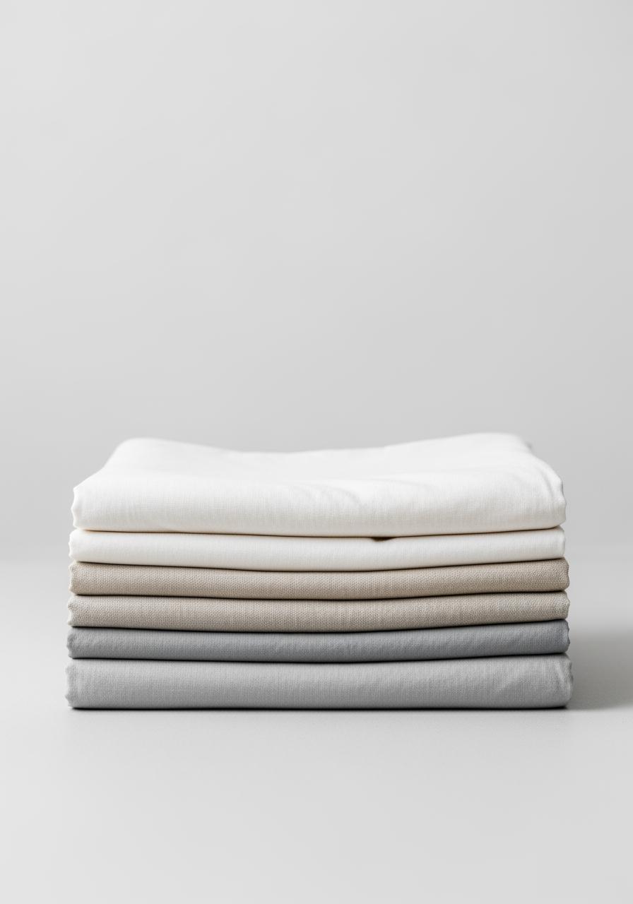 Une pile de draps écologiques pliés de différentes textures et couleurs neutres, prêts pour un comparatif.