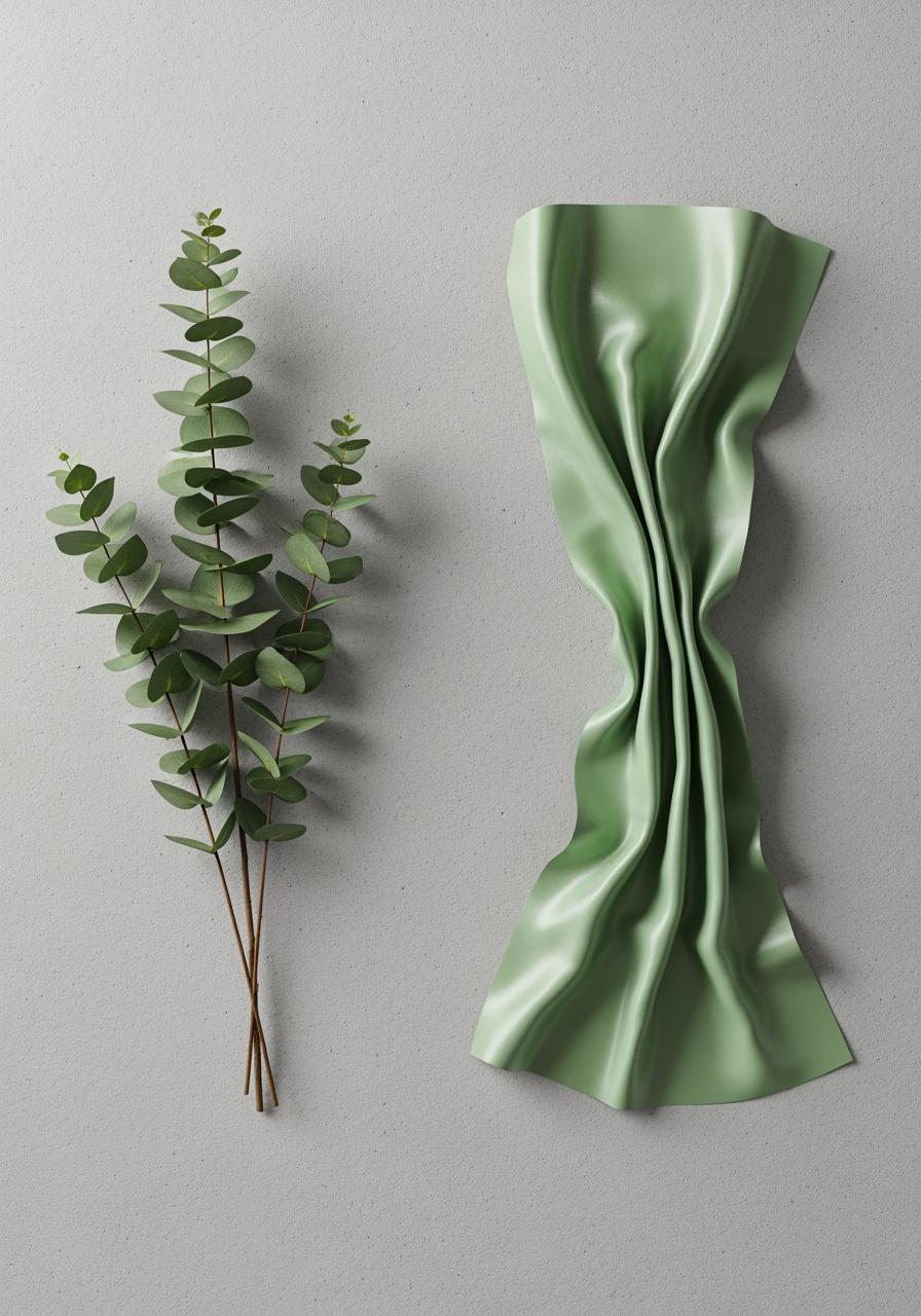 Vue de dessus montrant des branches d'eucalyptus à côté d'un tissu Tencel doux, illustrant le lien entre la matière première et le produit.