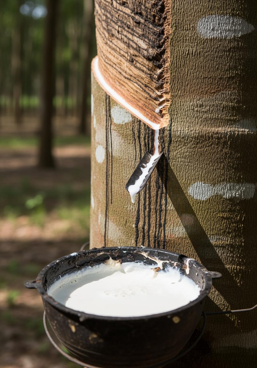 Gros plan sur la récolte de la sève de latex blanc laiteux depuis l'écorce d'un hévéa dans une plantation.