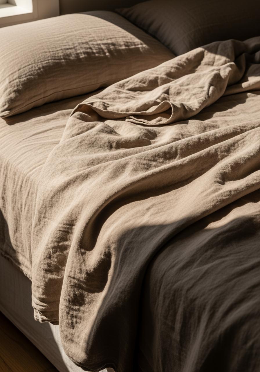 Le coin d'un lit avec des draps en lin légèrement froissés, évoquant un style décontracté et naturel.