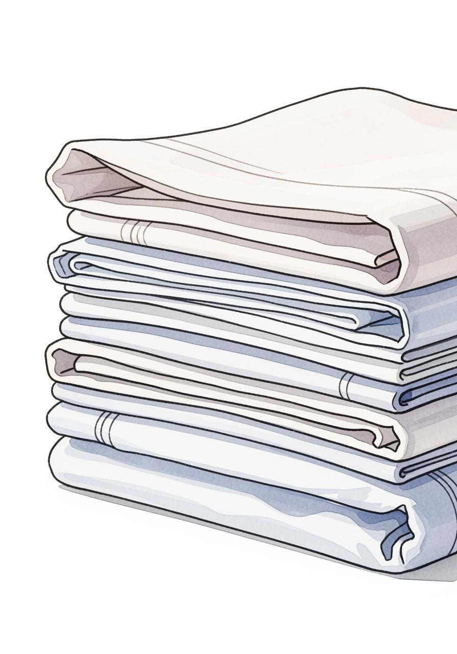 Une pile de draps en lin propres et pliés, illustrée dans un style aquarelle doux pour évoquer l'entretien et la fraîcheur.