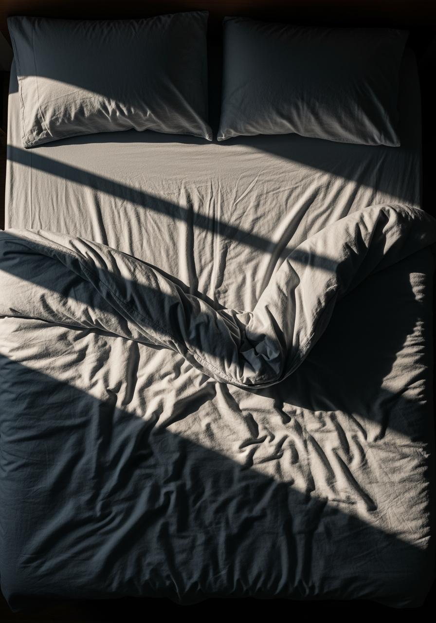 Vue de dessus d'un lit parfaitement fait avec des draps en percale frais, prêt pour une nuit de sommeil réparatrice.