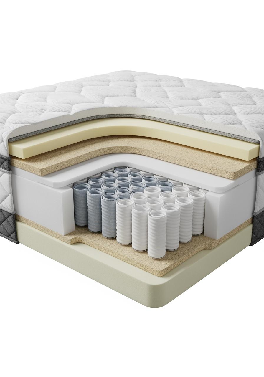 Coupe transversale d'un matelas moderne montrant plusieurs couches distinctes : mousse, latex, et ressorts ensachés.