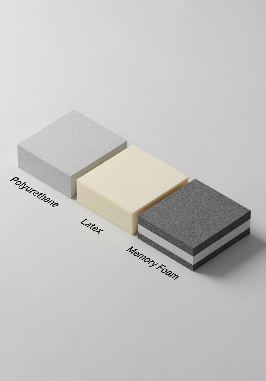 Illustration isométrique de trois blocs de matériaux de matelas différents (mousse, latex, mémoire de forme) pour comparaison.