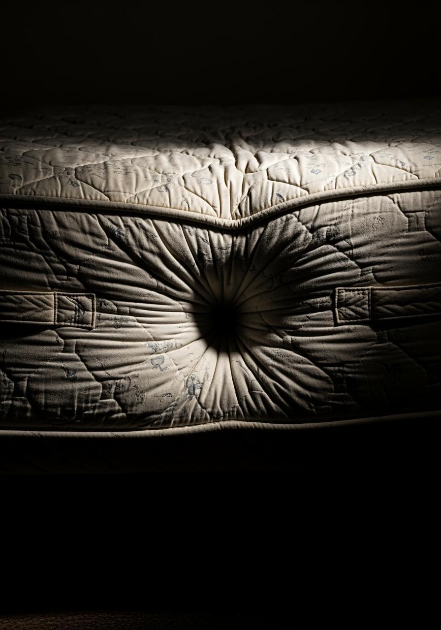 Un matelas usé et affaissé au centre, illustrant l'effet hamac et un mauvais soutien pour la colonne vertébrale.