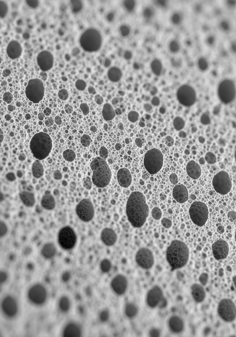 Vue macroscopique de la structure cellulaire d'une mousse haute densité, montrant un réseau dense et complexe.