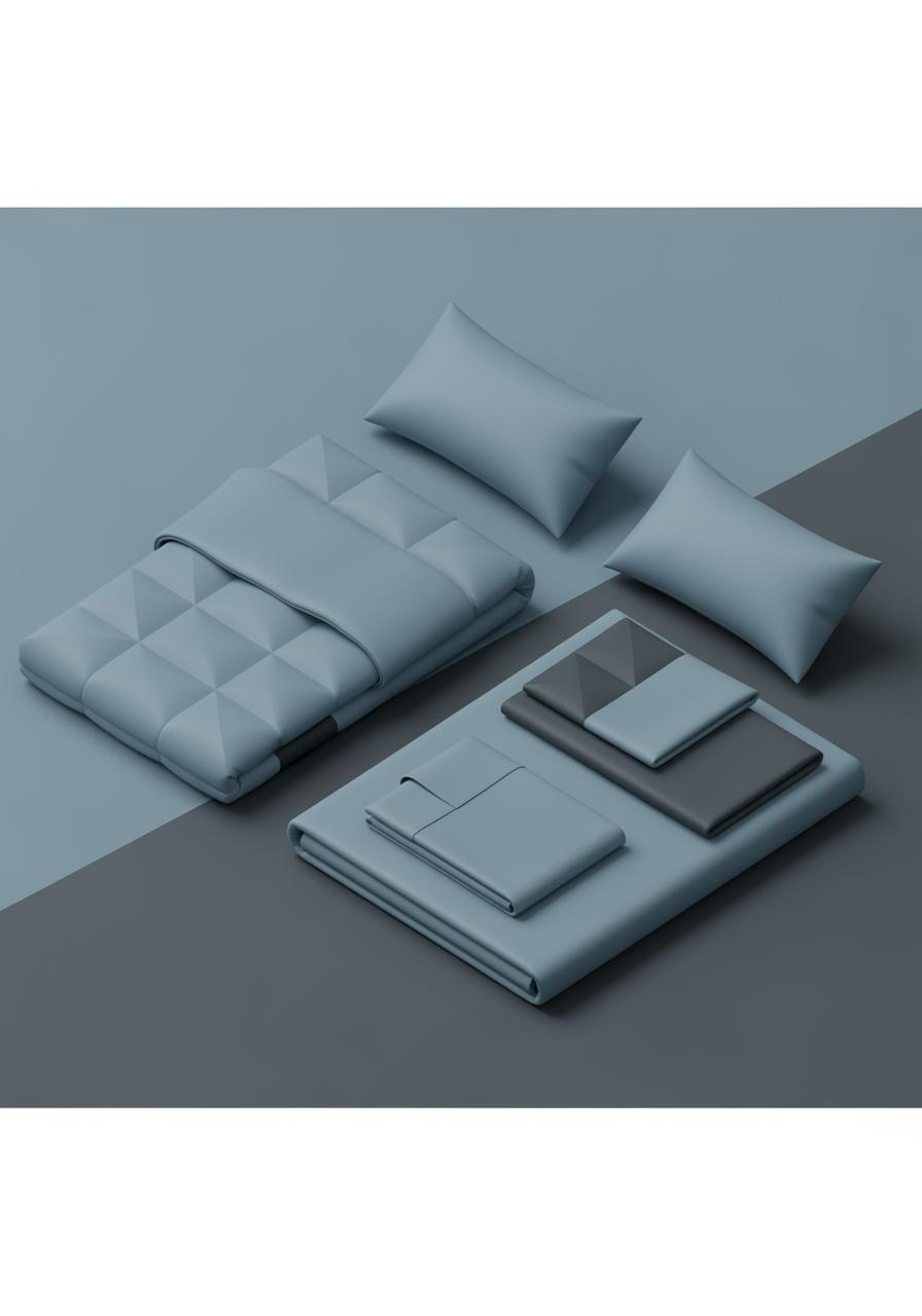 Illustration isométrique d'une parure de lit décomposée : une housse de couette, un drap-housse et deux taies d'oreiller.