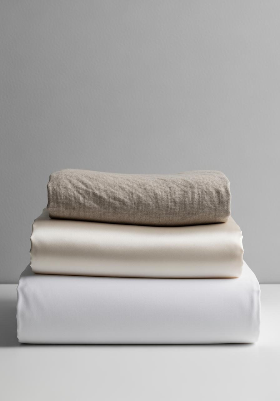 Pile de trois types de draps pliés (percale, satin, lin) montrant des textures et finitions différentes pour comparaison.