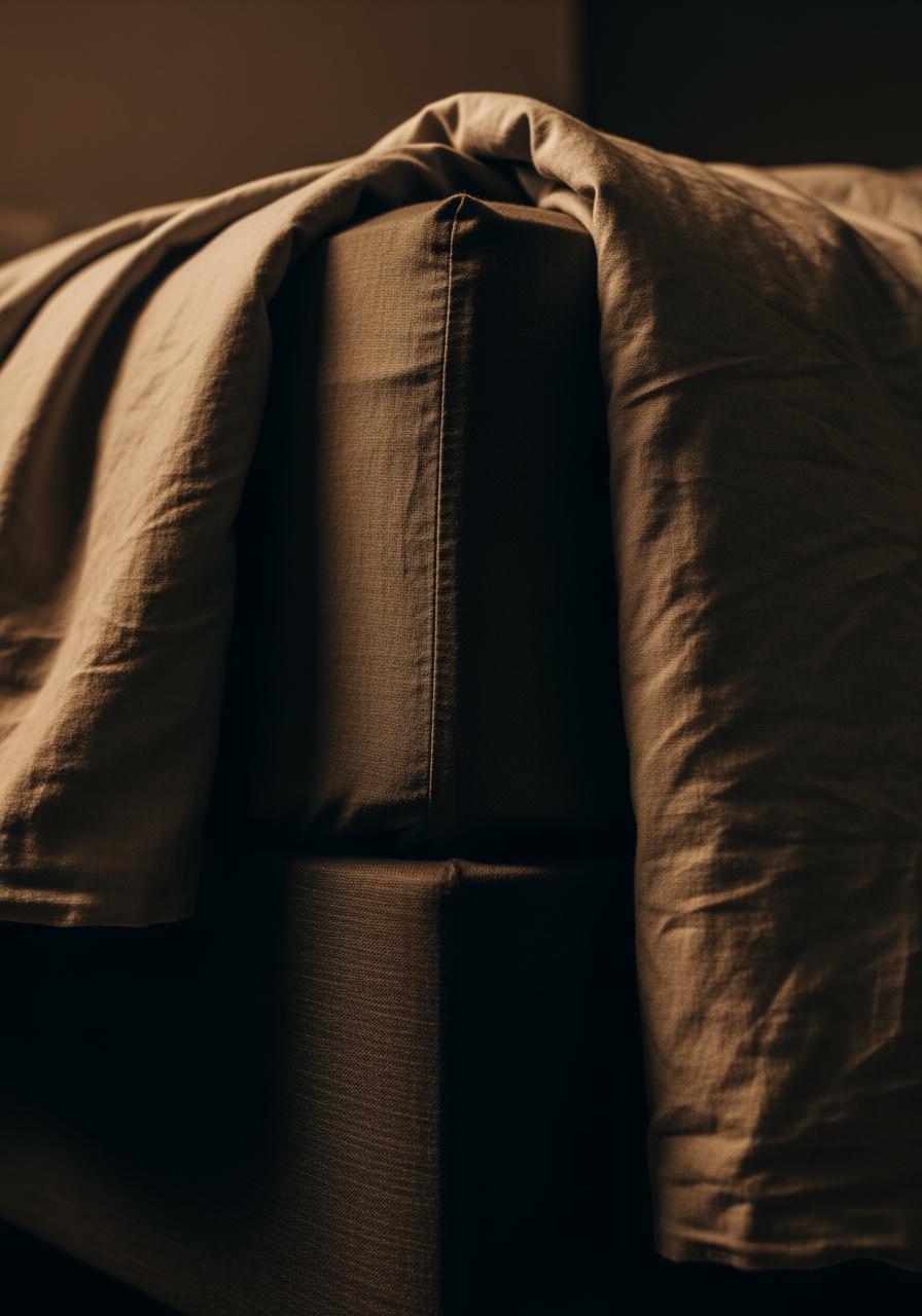 Vue en contre-plongée du coin d'un lit, montrant la texture d'un drap-housse et d'une couette dans une lumière chaude et tamisée.