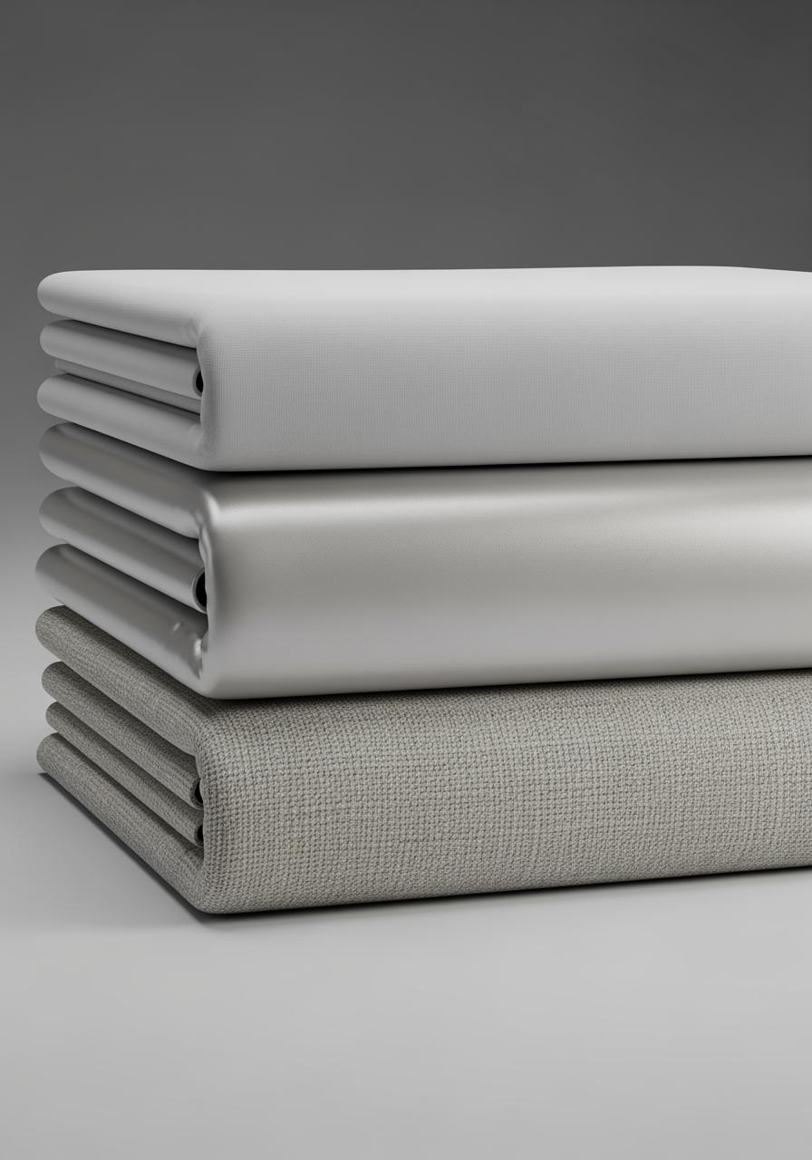 Pile de draps pliés comparant les textures distinctes de la percale, du satin de coton et du lin lavé.