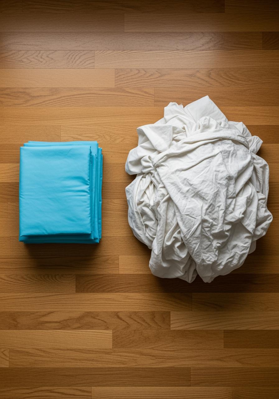 Vue de dessus comparant une petite pile de draps durables avec une grande pile de draps usés, illustrant le coût à long terme.