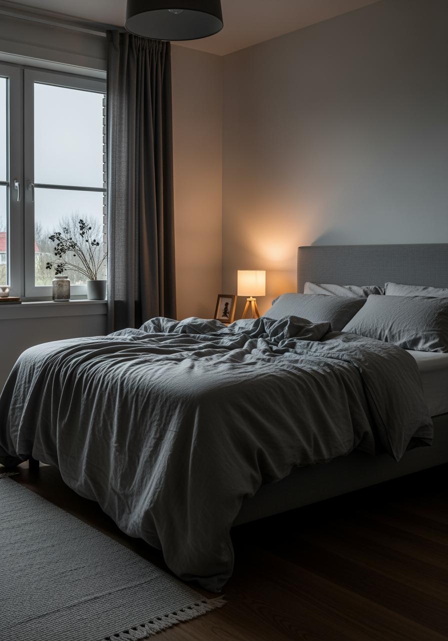 Une chambre sereine au crépuscule avec un lit confortable fait de draps durables, symbolisant un investissement judicieux.