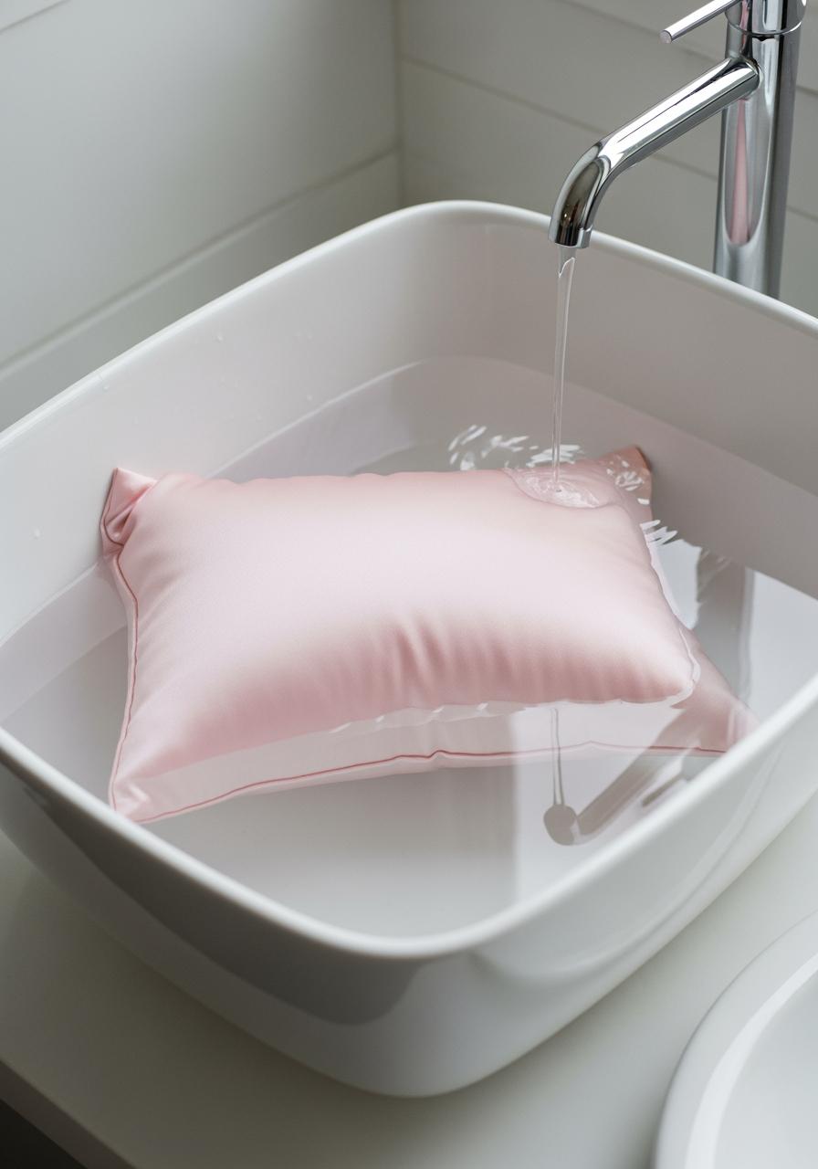 Une taie d'oreiller en soie rose pâle trempant doucement dans une bassine d'eau claire, symbolisant le lavage à la main.