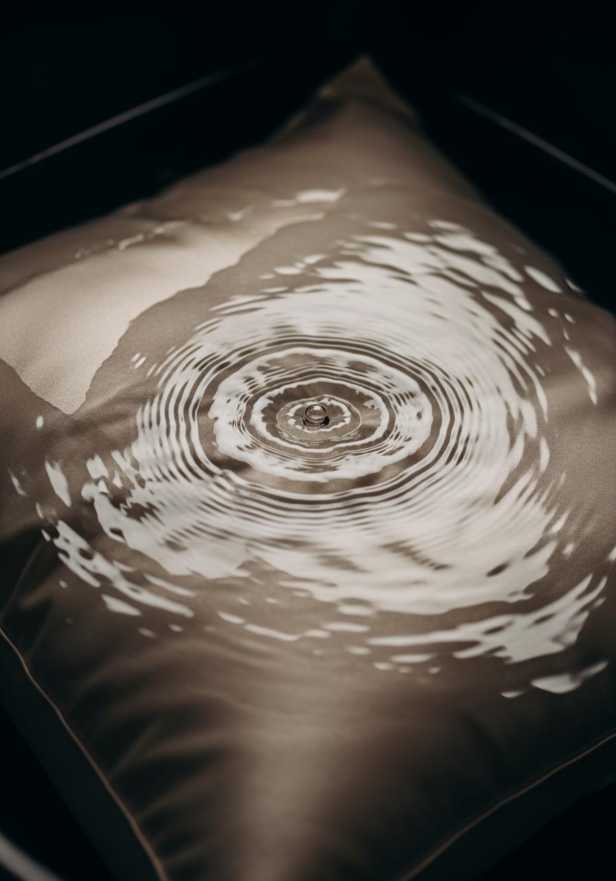 Gros plan sur une taie d'oreiller en soie immergée, avec des ondulations douces à la surface de l'eau.